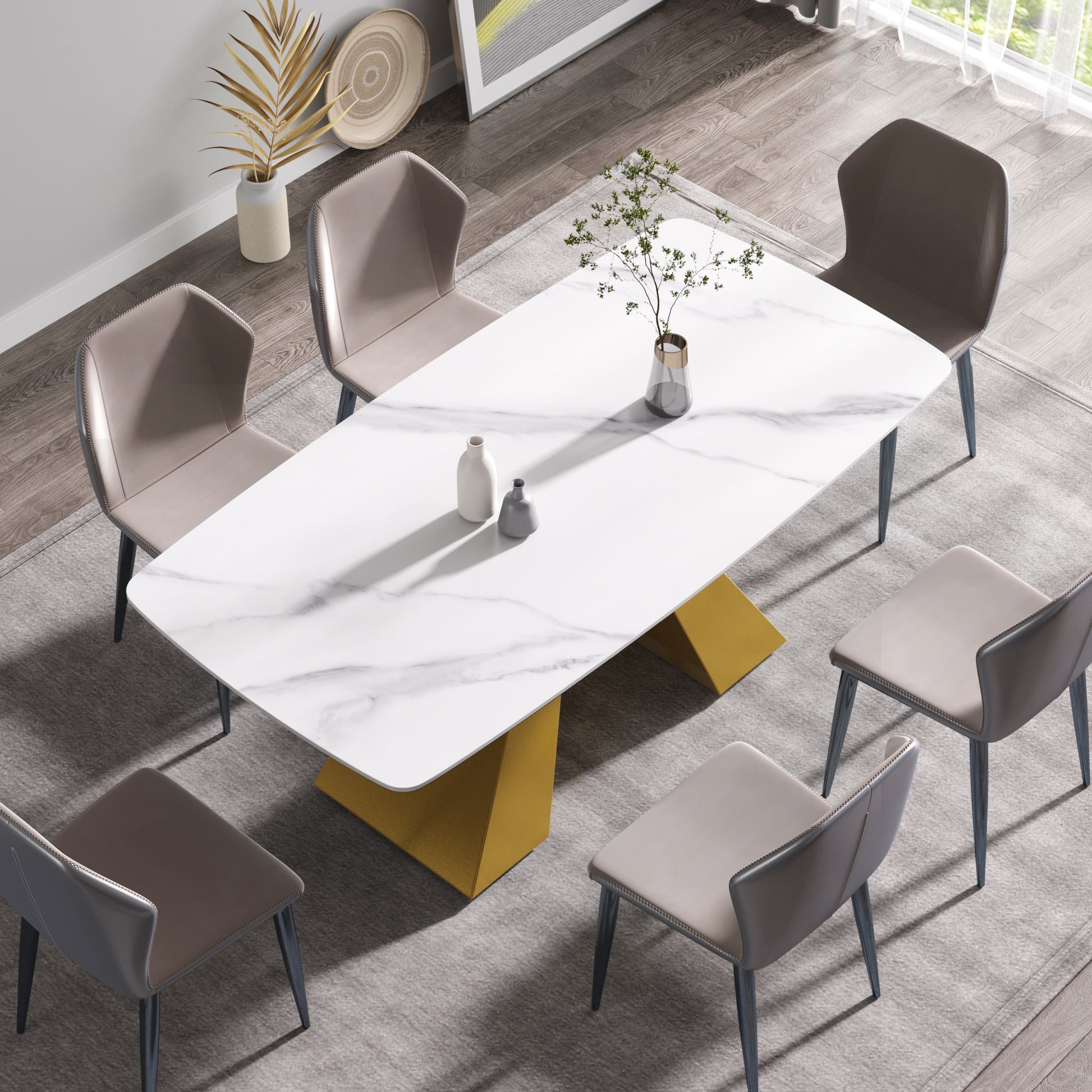 Beryl 70.87"Modern Sintered Stone Dining Table with White Top & Gold Base