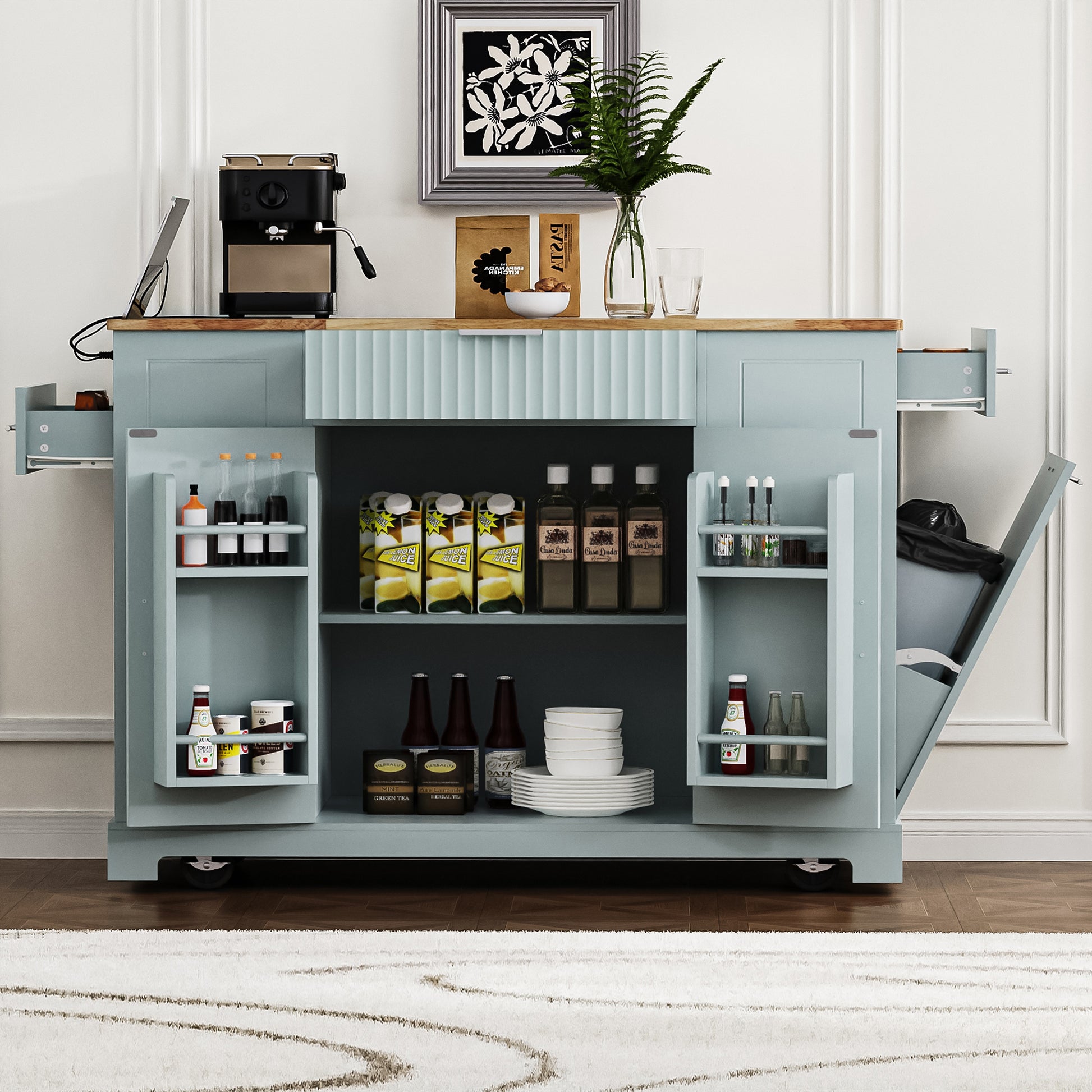 K&k Fluted Kitchen Island with Trash Can Storage Cabinet - Grey & Blue - detail view 3
