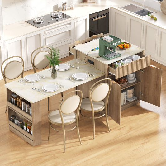 K&k 82.6' Fluted Kitchen Island with Extendable Dining Table for 4-6 - Natural - primary color shot