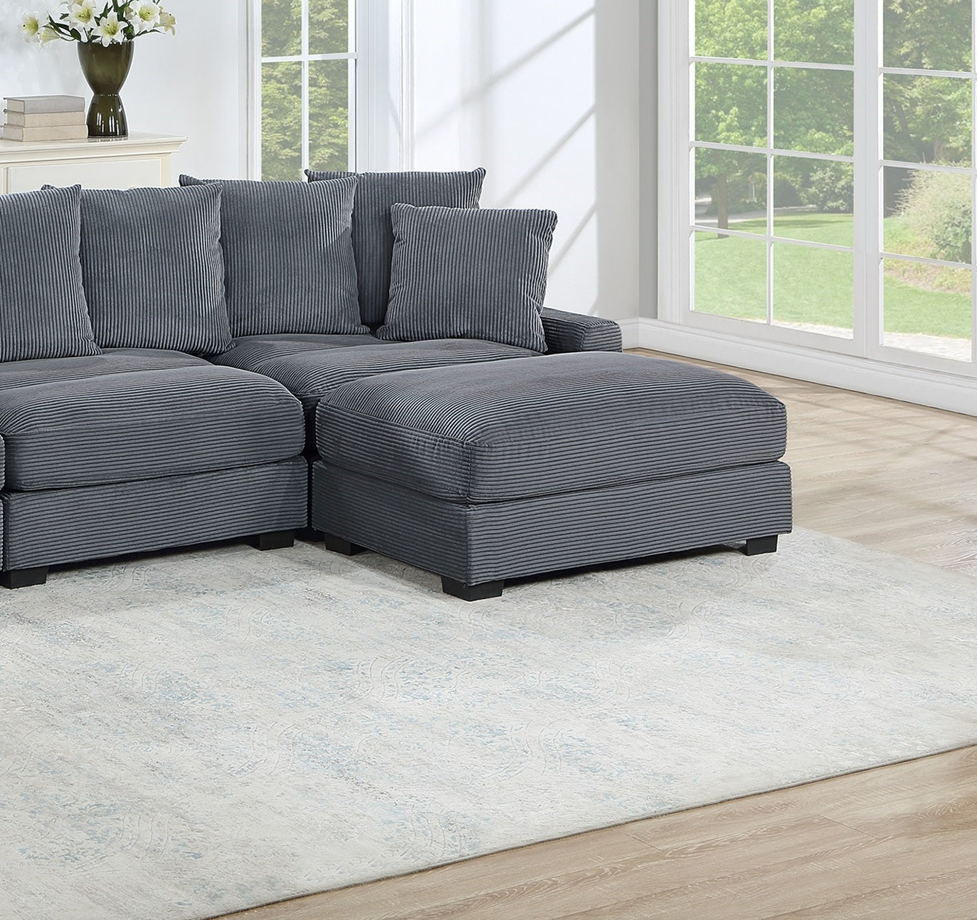 Contemporary Dark Gray 4pc Modular Sectional Set Corduroy Couch LAF & RAF Chairs Armless Chair Ottoman Living Room Furniture - detail view 5