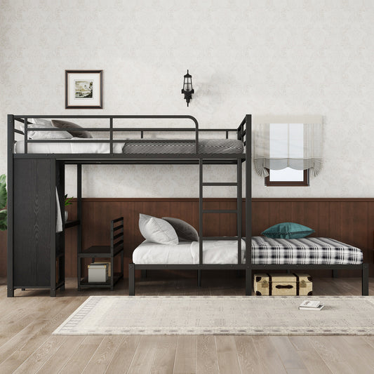Queen over Queen Size Bunk Bed Frame with Built-in Wardrobe - Black - detail view 2