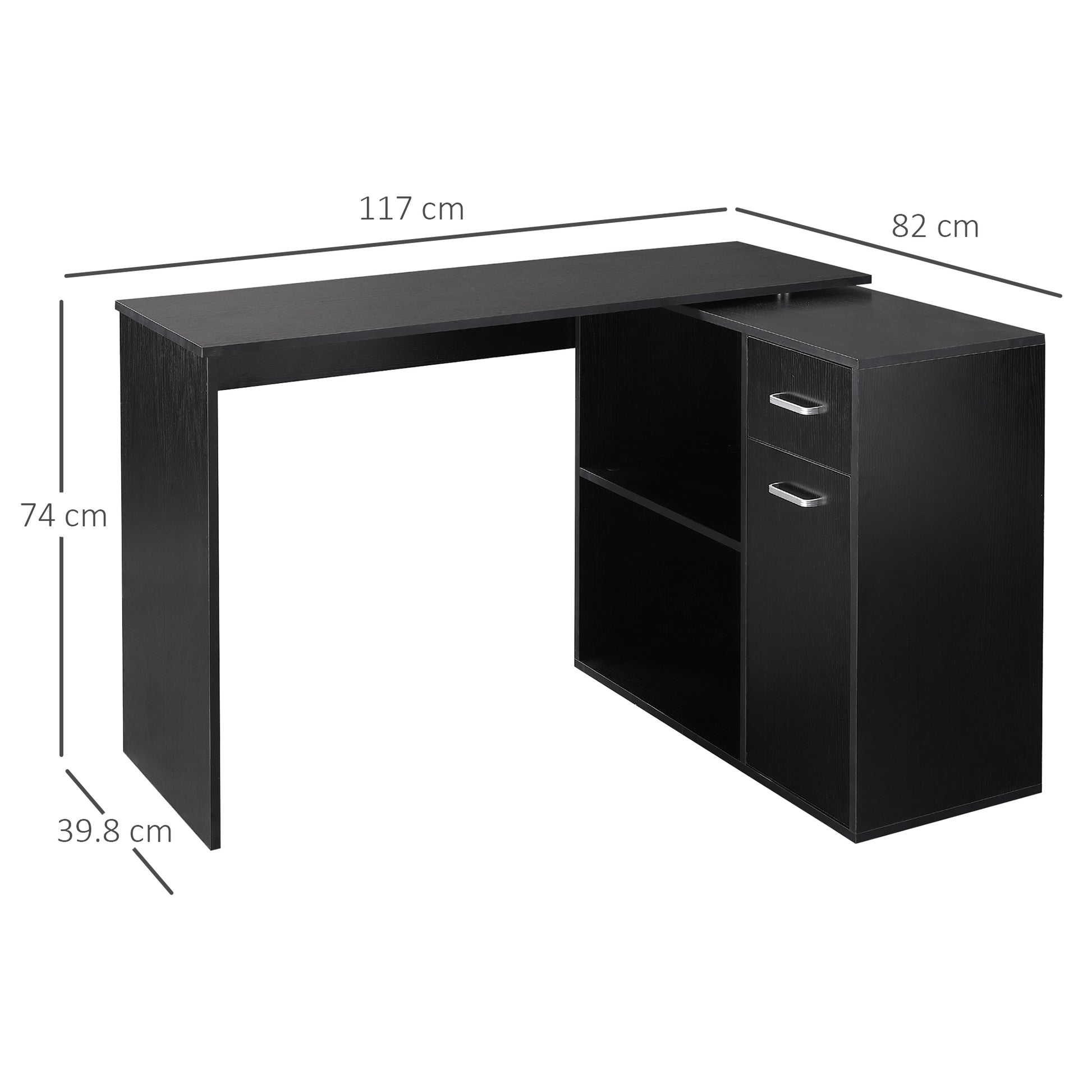L Shaped Computer Desk, 180° Rotating Corner Desk with Storage Shelves, Black
