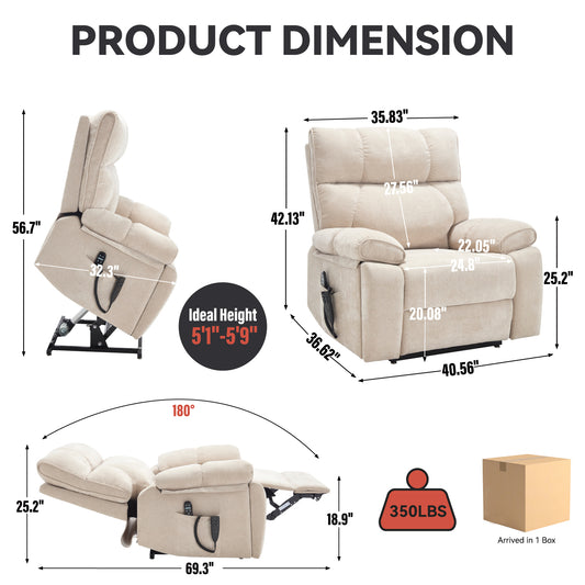 Beige Heat Massage Dual Motor Infinite Position Up to 350 LBS Large Electric Power Lift Recliners with Hidden Cup Holders - detail view 2