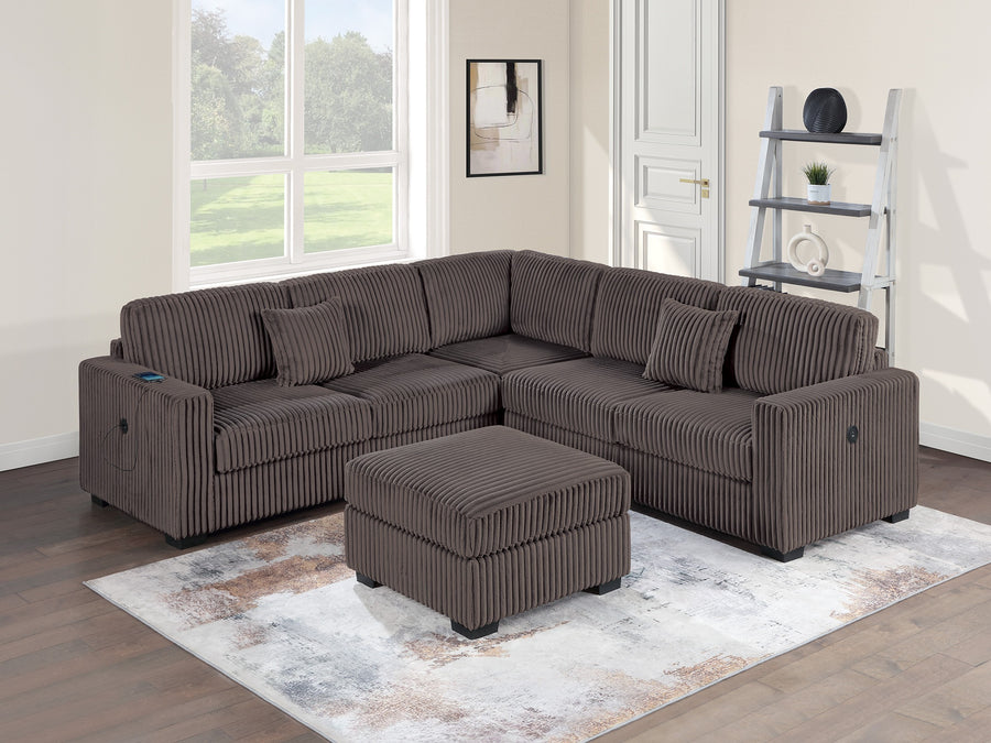 Living Room Corduroy Upholstered Chocolate 4pc Sectional Set RAF/LAF One-Arm Loveseat W/USB, Corner Wedge, Cocktail Ottoman Cushion Couch - primary color shot