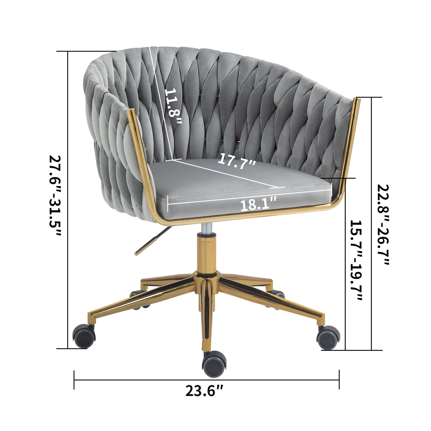 Stylish Grey Hand-Woven Backrest Office Chair with Wheels, Height Adjustable & 360° Swivel
