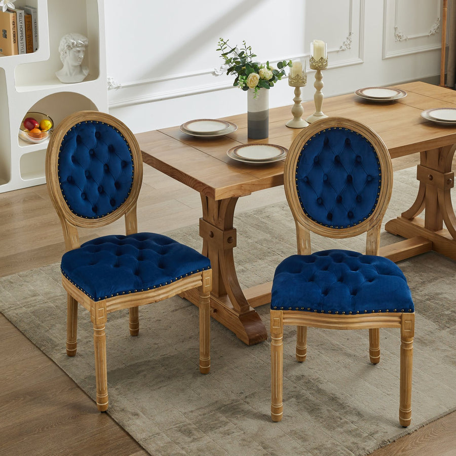 Blue Velvet Nailhead Trim Dining Chairs with Wood Legs (Set of 2)