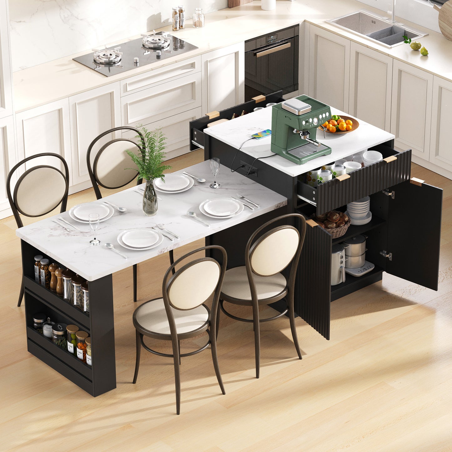 K&k 82.6' Fluted Kitchen Island with Extendable Dining Table for 4-6 - Black - primary color shot