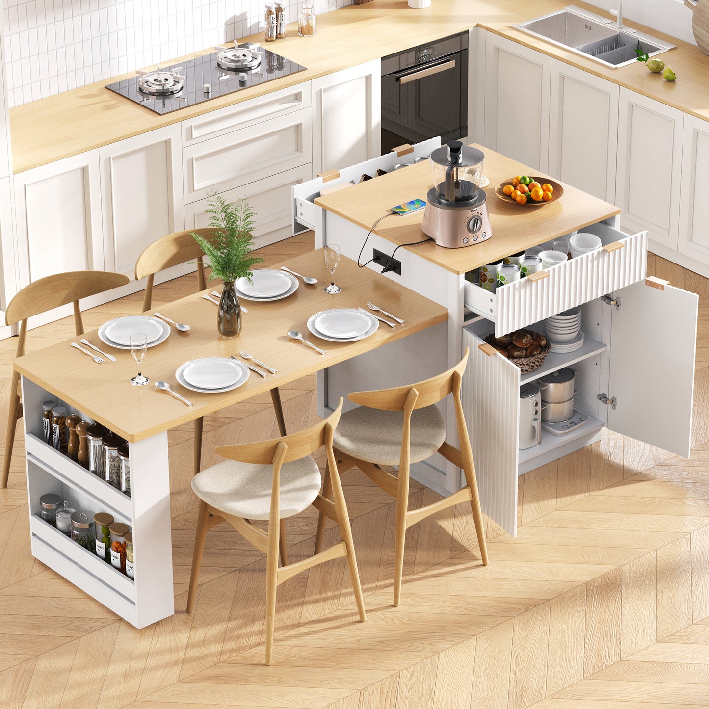 K&k 82.6' Fluted Kitchen Island with Extendable Dining Table for 4-6 - White - primary color shot