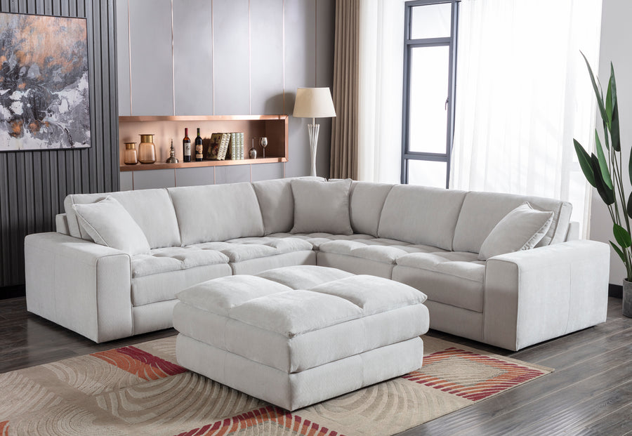Breton Contemporary Fabric Tufted Modular Sectional Sofa with Ottoman, Oyster - detail view 6