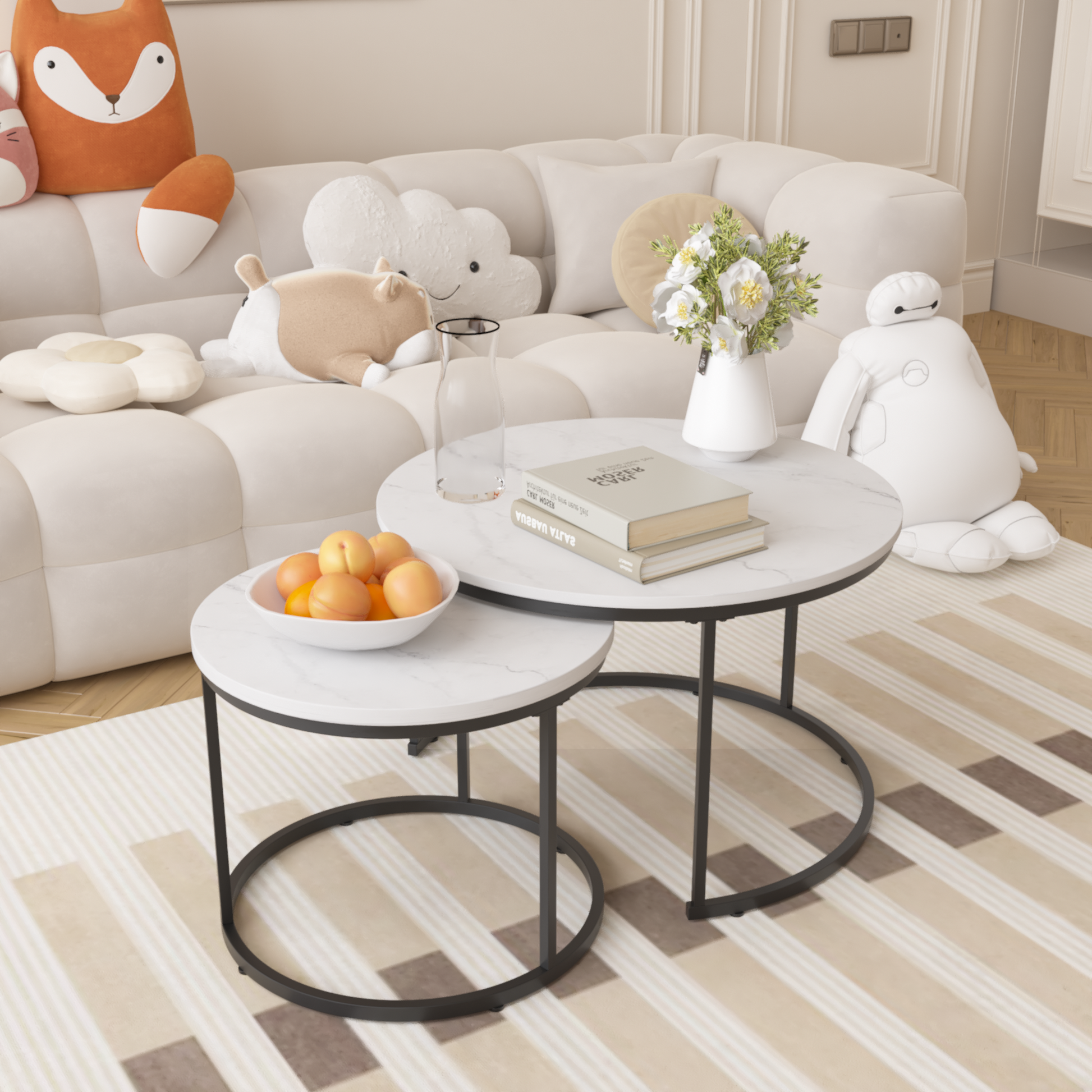 White Wood+metal Steel Frame Nesting Tables with Wood Legs - detail view 2