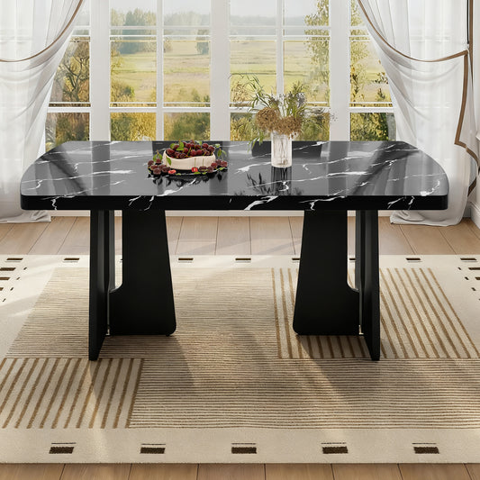 63' Modern Faux Marble Dining Table - Black/white Marble Top with Sturdy Geometric Legs, Stylish Kitchen & Dining Room Table for Dining - detail view 2
