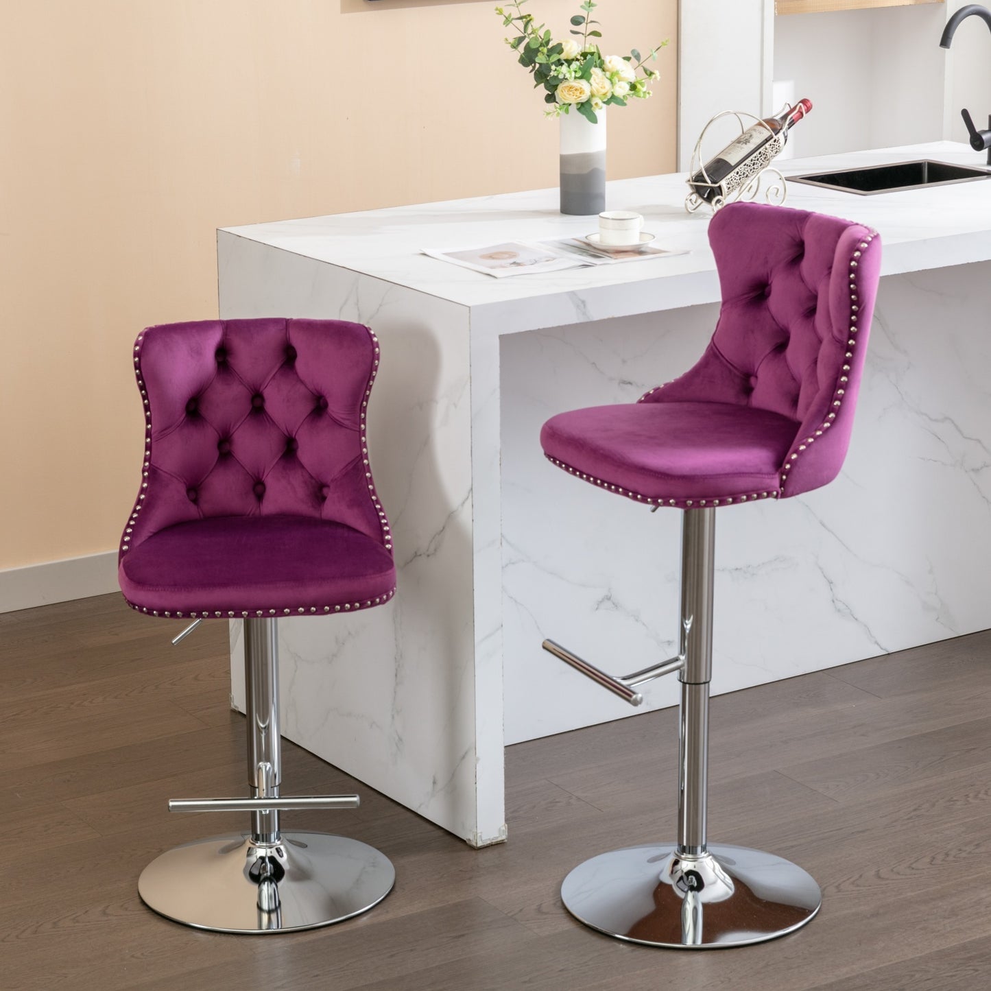 Prudence Velvet Adjustable Height Bar Stools Set of 2 Purple