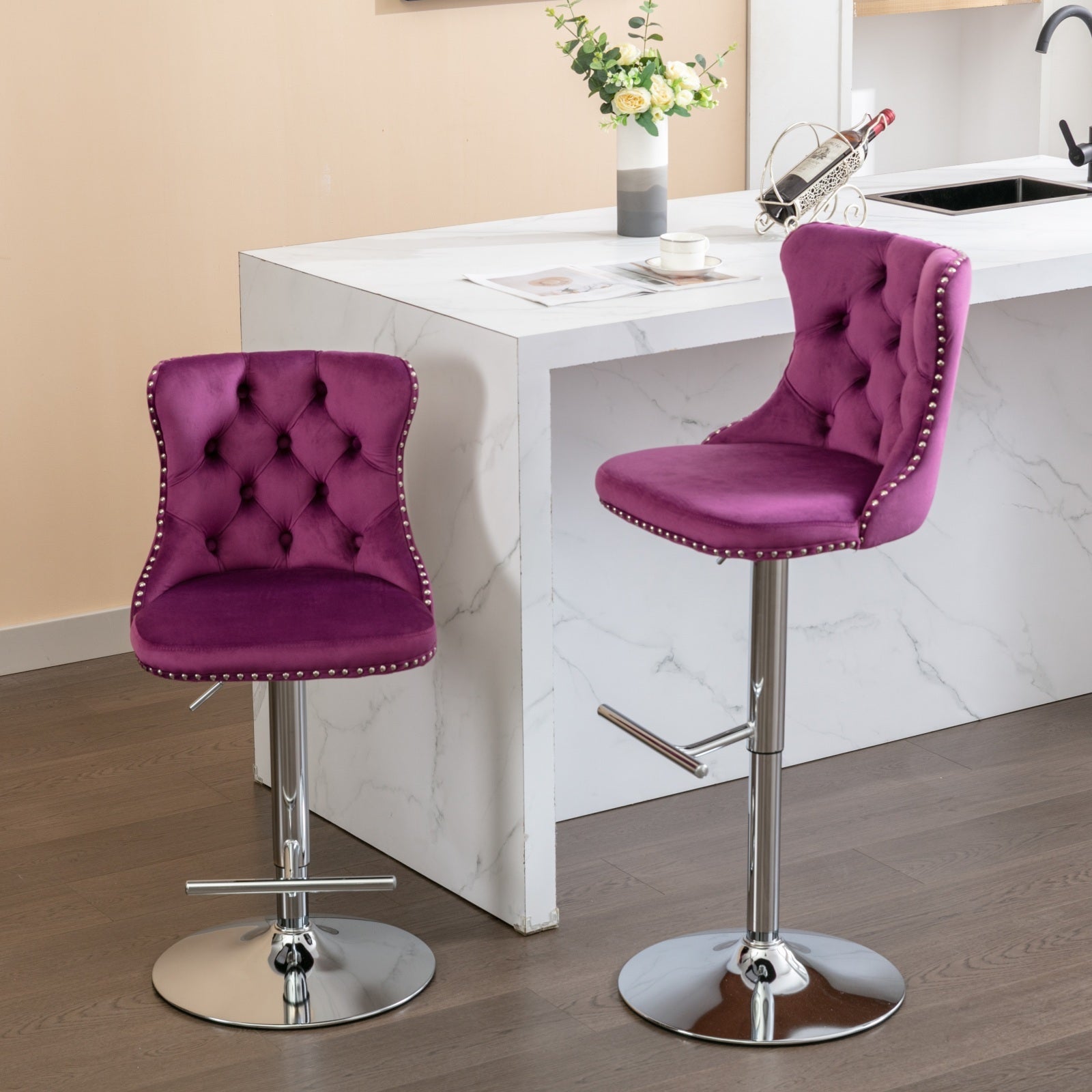 Prudence Velvet Adjustable Height Bar Stools Set of 2 Purple