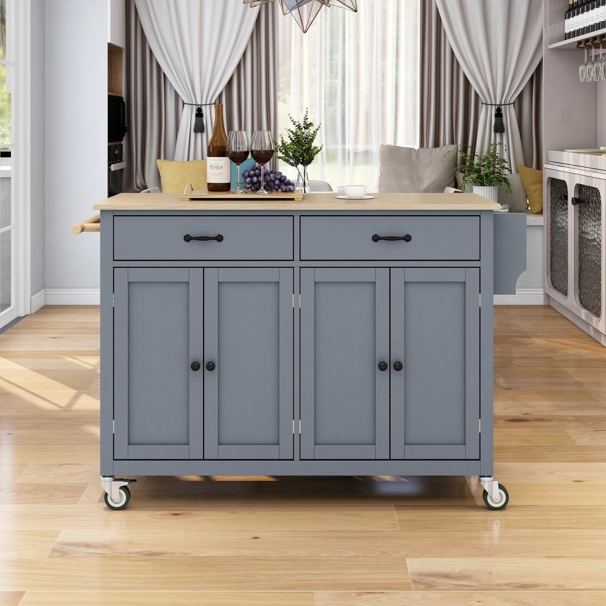 Kitchen Island Cart with Solid Wood Top & Locking Wheels - Blue - detail view 2