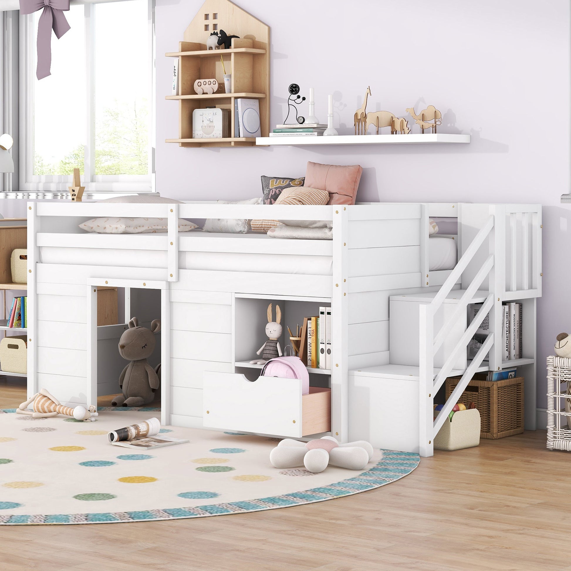 Gracen Twin Size Loft Bed with Stairway Chest & Drawers, White