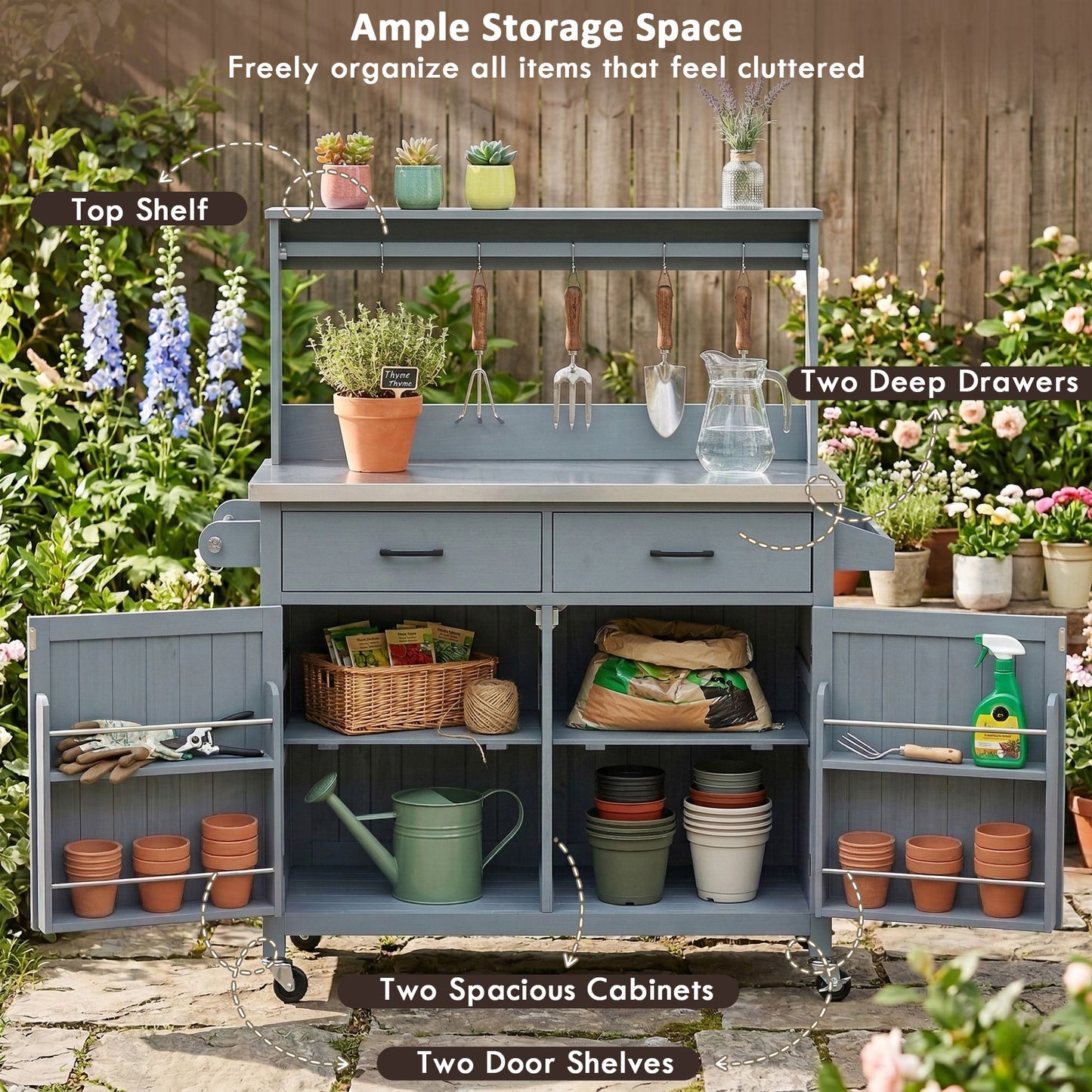 K&k 54.1' Outdoor Kitchen Island with High Shelf - Grey & Blue - detail view 5