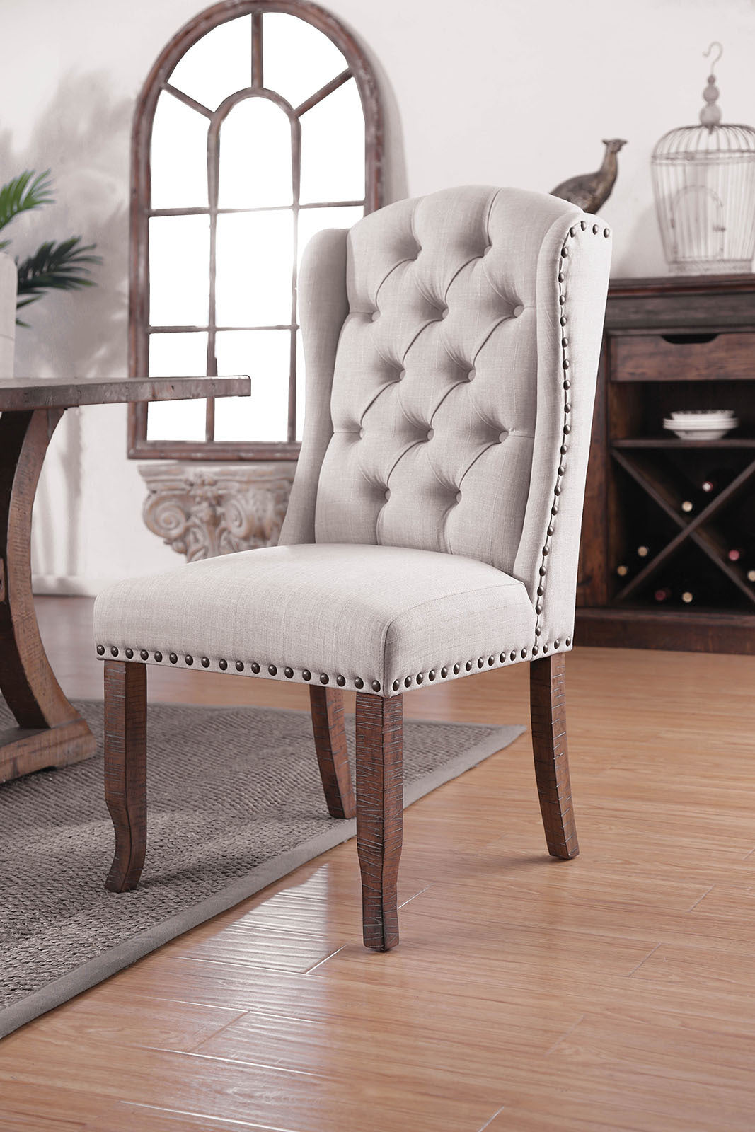 Diana Contemporary Tufted Wingback Side Chairs Set of 2 Ivory & Rustic Oak