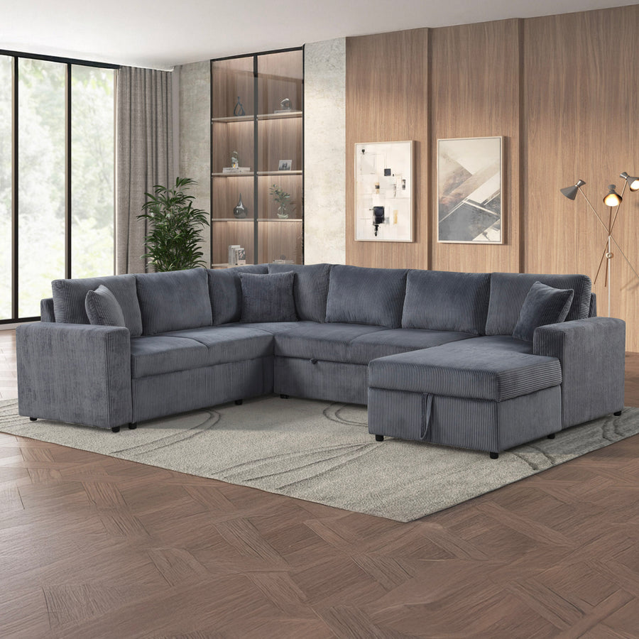 Ruxley 123'W Gray Corduroy Sleeper Sectional Sofa with Right-Facing Storage Chaise and Throw Pillows - primary color shot