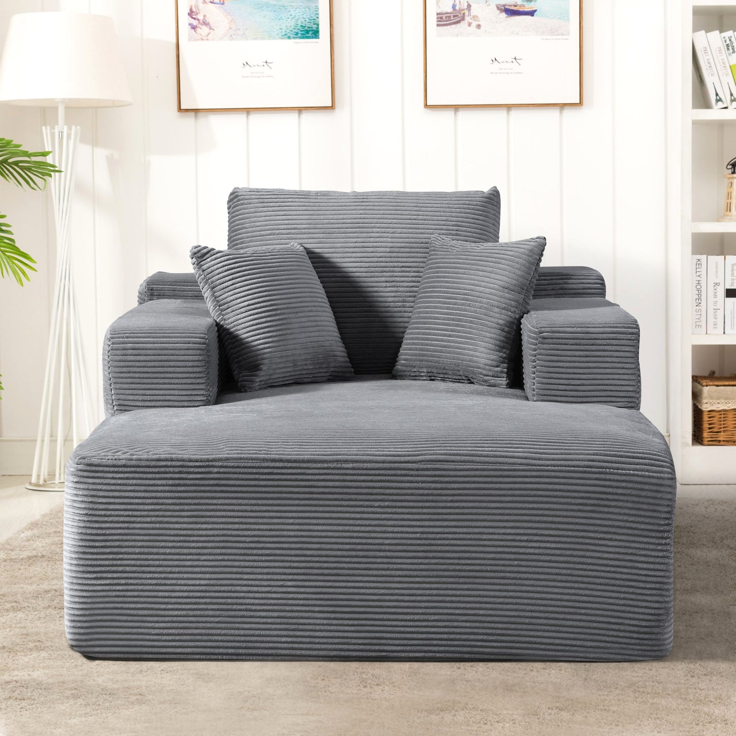 Convertible Chaise Lounge Chair Indoor – Oversized Corduroy Couch with Wide Armrest & Throw Pillows - Grey - detail view 4