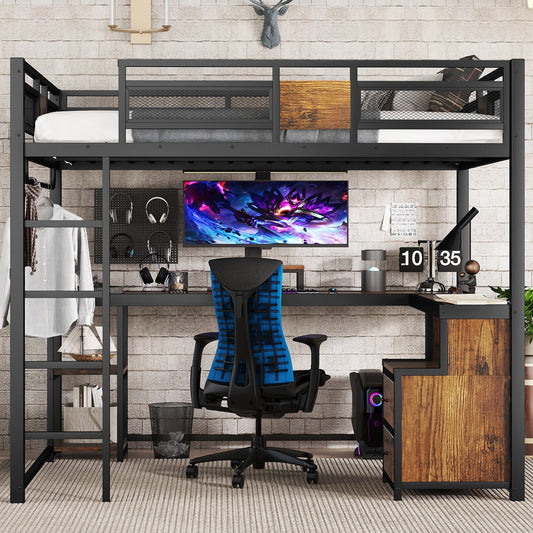 Queen Loft Bed with Desk and Storage Non-Woven Fabric Drawers - Black - detail view 2