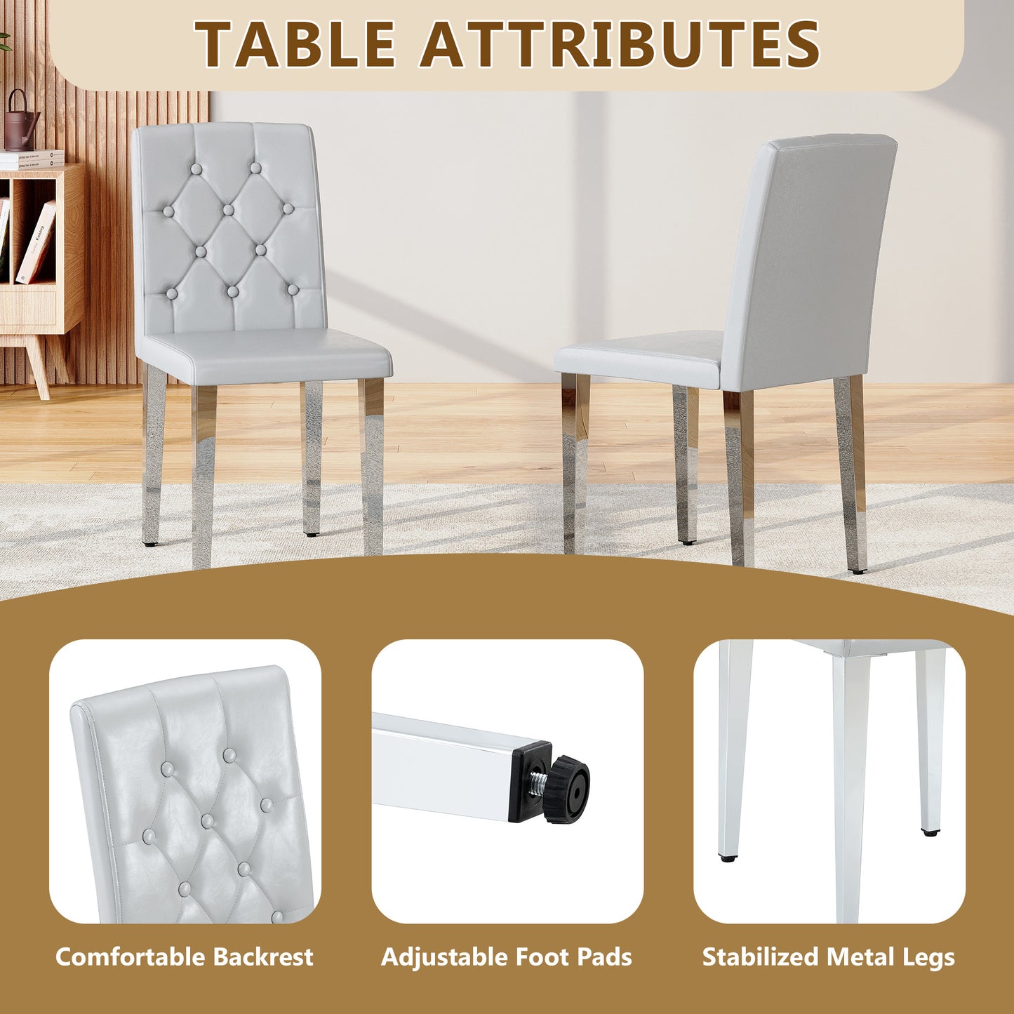 Gray Upholstered Fabric Dining Chairs with Silver Legs (set of 2) - detail view 4