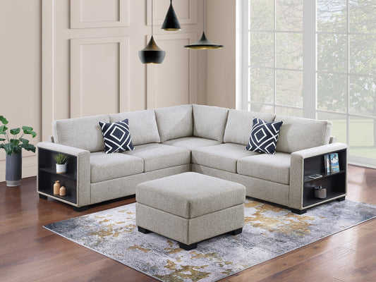 Contemporary Functional Sectional Sofa 4pc Set Beige Boucle Couch Loveseat w Built-in Shelfs Wedge, Ottoman Living Room Furniture L-Shaped Design Couch - primary color shot