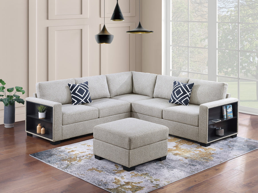 Contemporary Functional Sectional Sofa 4pc Set Beige Boucle Couch Loveseat w Built-in Shelfs Wedge, Ottoman Living Room Furniture L-Shaped Design Couch - primary color shot