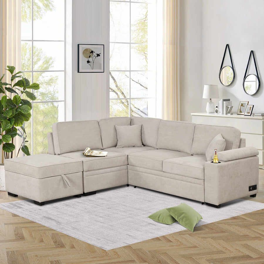2 in 1 Sleeper Sofa Bed with Storage Ottoman, Beige Linen Upholstery, 84.75' L Shape Couch for Small Spaces - detail view 2