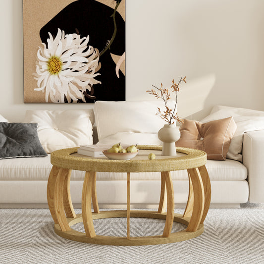 35.43'vintage Rattan Solid Wood Round Coffee Table - Natural - detail view 2