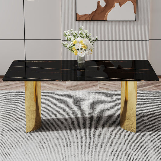 Modern Minimalist Dining Table. the Black Patterned Glass Desktop Is Equipped with Golden Metal Legs. Suitable for Restaurants & Living Rooms 71' - detail view 2