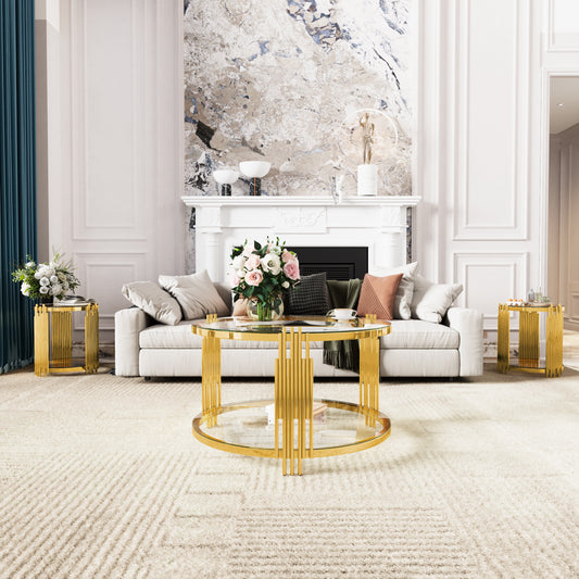 Living Room Table Set of 3 with 1 Coffee Table and 2 End Tables, Round, Tempered Glass, Asymmetrical Metal, Gold Finish & Lower Shelf, 31.5'