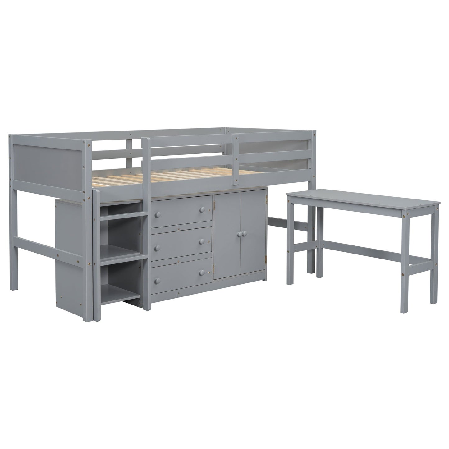 Mariner Twin Size Low Loft Bed With Pull-Out Desk, Drawers, Cabinet, and Shelves