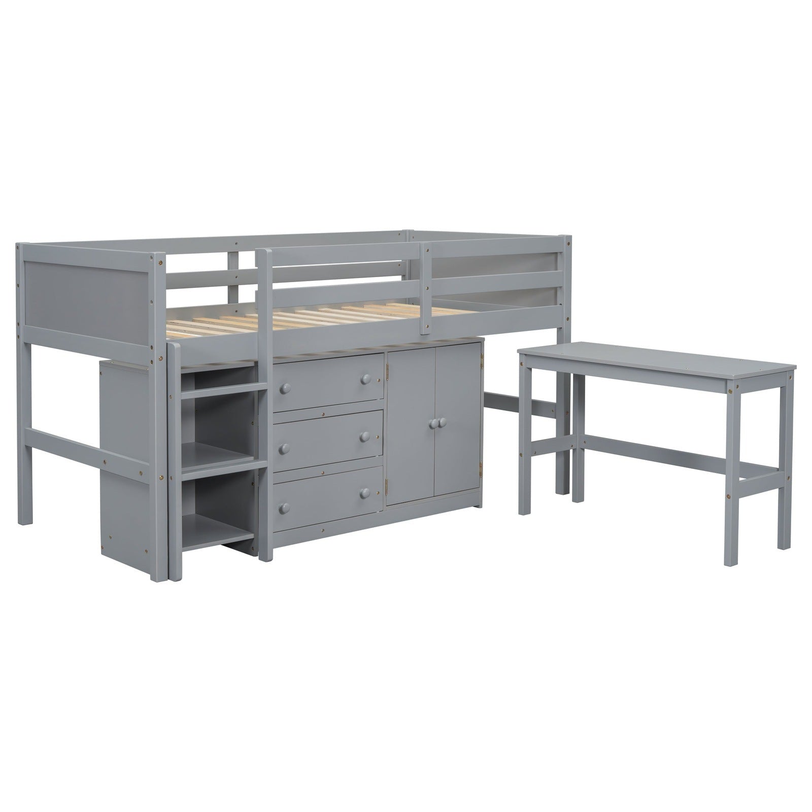 Mariner Twin Size Low Loft Bed With Pull-Out Desk, Drawers, Cabinet, and Shelves