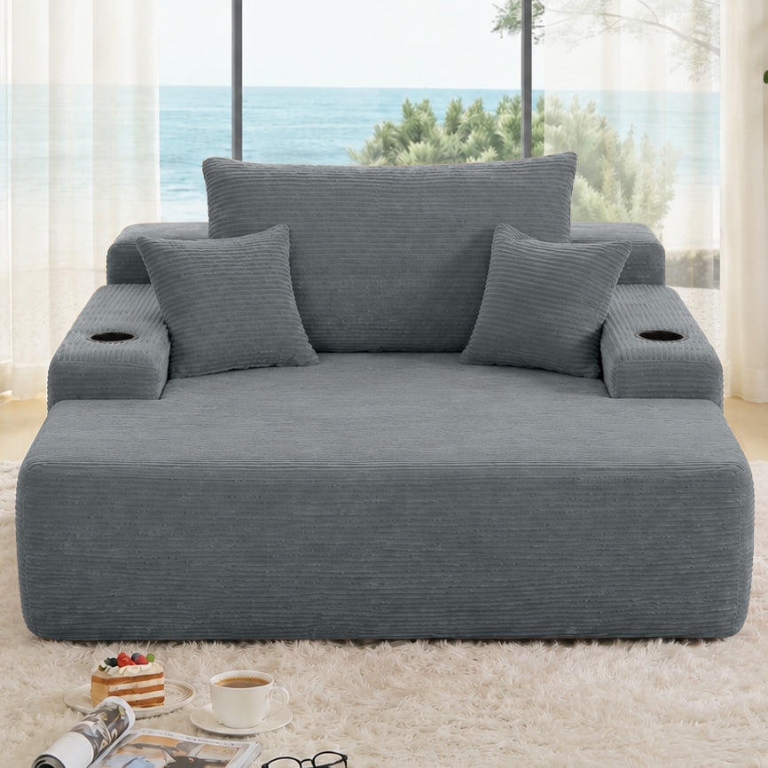 NEW Convertible Chaise Lounge Chair Corduroy with Wide Armrest & Throw Pillows - Grey - detail view 2