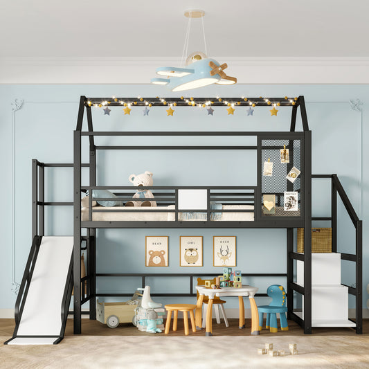 Twin House Loft Bed with Slide and Stairs - Black - detail view 2