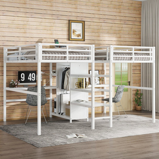 Twin over Twin Metal Loft Bed with Double Desk and Wardrobe and Shelves with Electrical Outlet for Space Saving and Noise Reduction - primary color shot