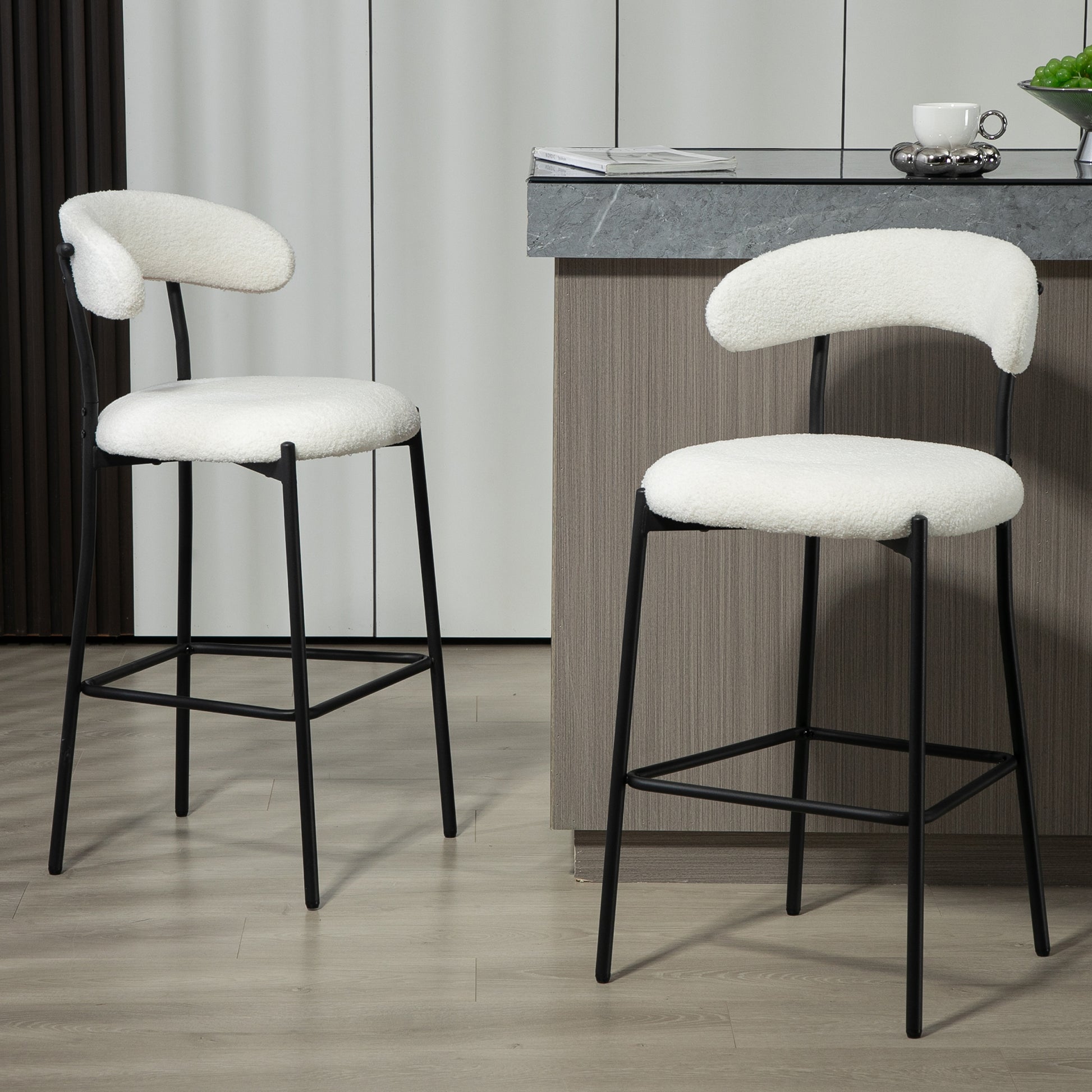 Modern Grey Teddy Fabric 26" Counter Height Bar Stool with Black Powder-Coated Base Set of 2 White