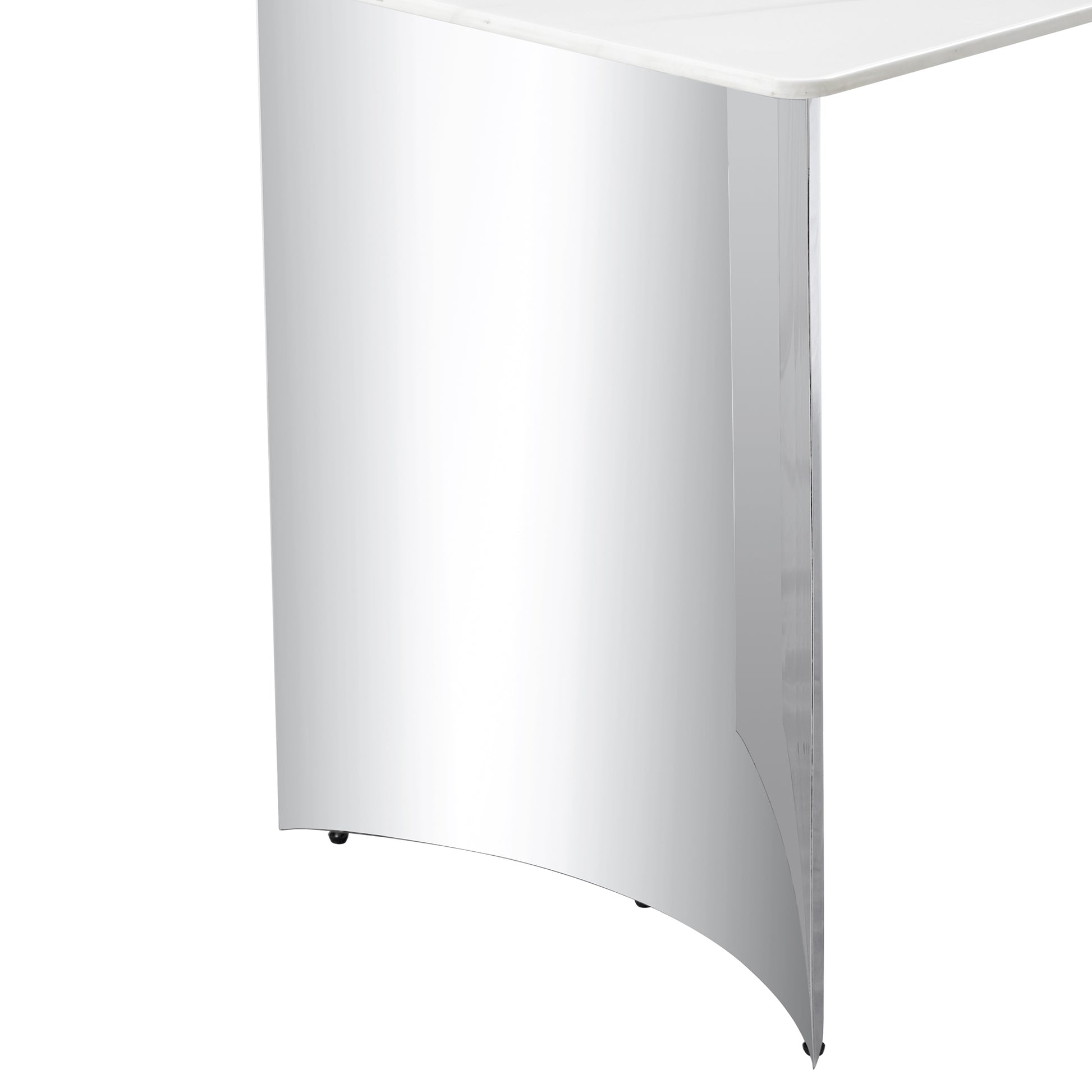 Modern Minimalist Dining Table with White Imitation Marble Glass Surface & Silver Metal Legs - detail view 8