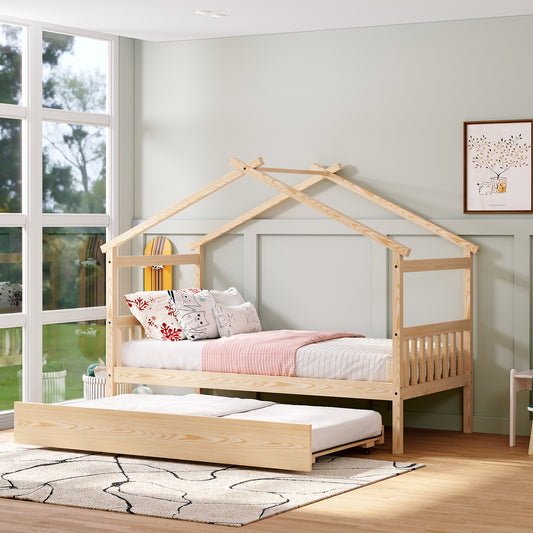 Palomar Twin Size Wooden House Bed with Twin Size Trundle, Natural