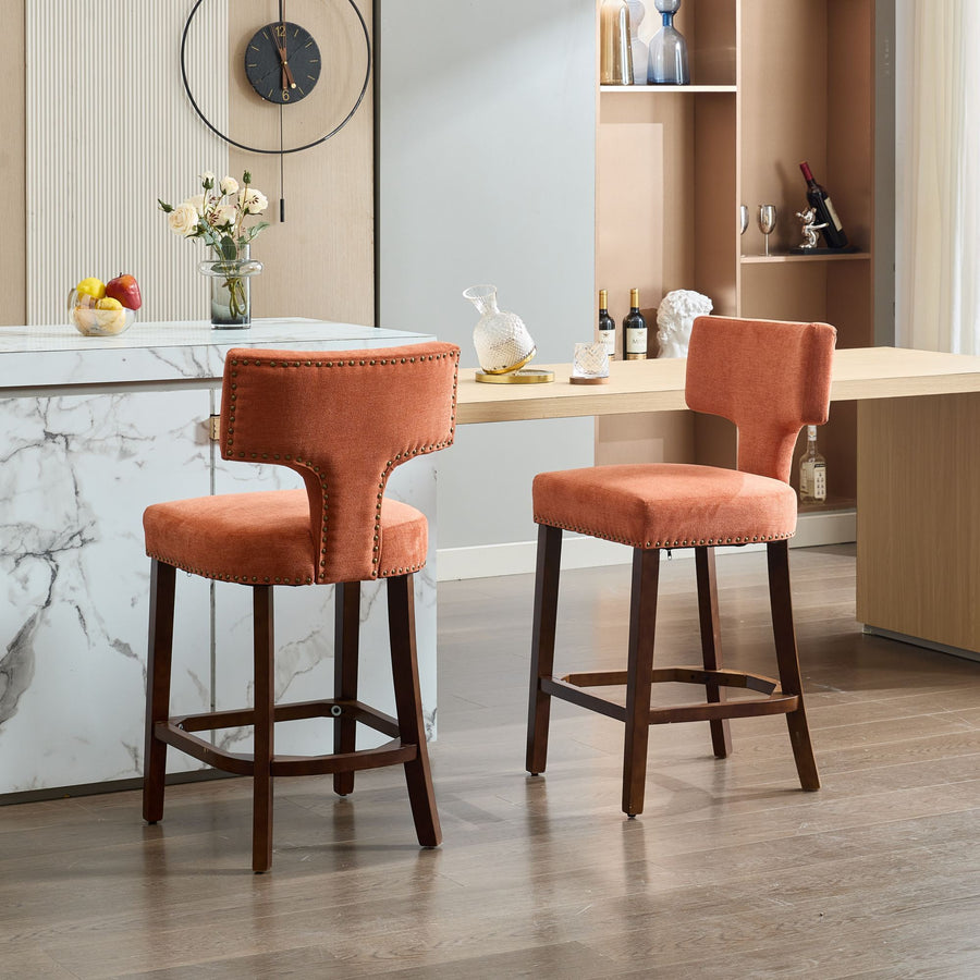 Orange Fabric Bar Stool with Wood Legs (Set of 2)