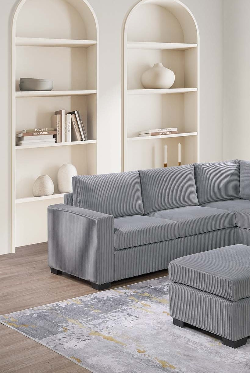 Modern Functional Light Gray Corduroy Upholstered Sectional Set Living Room One Arm Loveseat Wedge Console Ottoman 4pc Couch Sofa Set - detail view 7