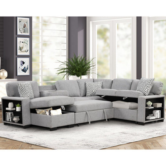Cairo Modern Style Sectional with pullout sleeper, storage 2 Bookcase and USB made with wood and metal in Gray - detail view 2