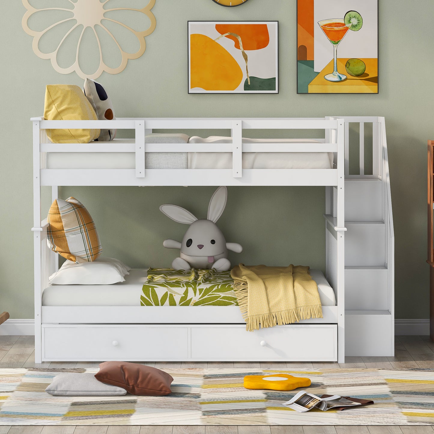 Stairway Full-over-Full Bunk Bed with Twin Size Trundle - White - detail view 2