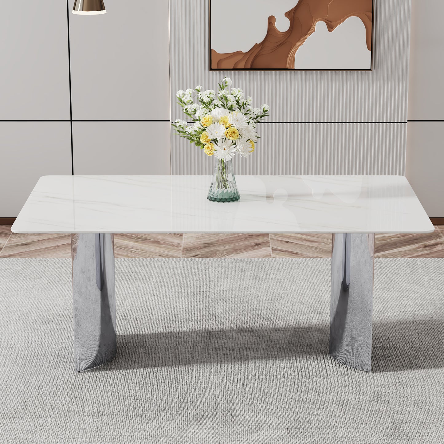 Modern Minimalist Dining Table with White Imitation Marble Glass Surface & Silver Metal Legs - detail view 5