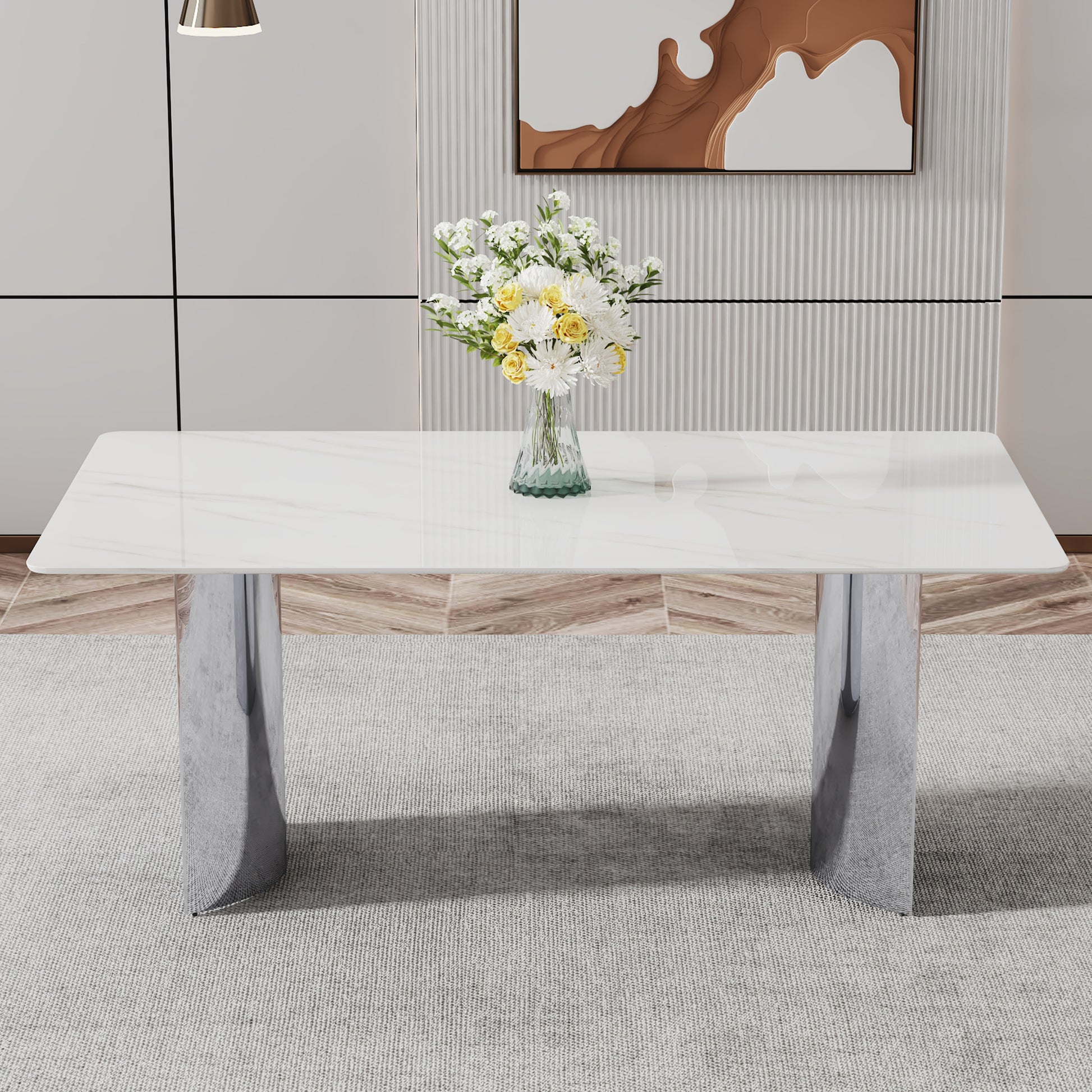 Modern Minimalist Dining Table with White Imitation Marble Glass Surface & Silver Metal Legs - detail view 5
