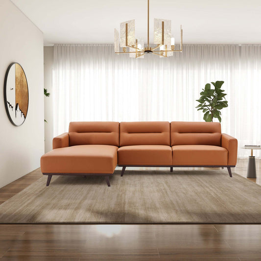 Ella Mid Century Modern L-Shaped Cognac PU Leather Left Sectional Couch with Solid Wood Frame - detail view 2