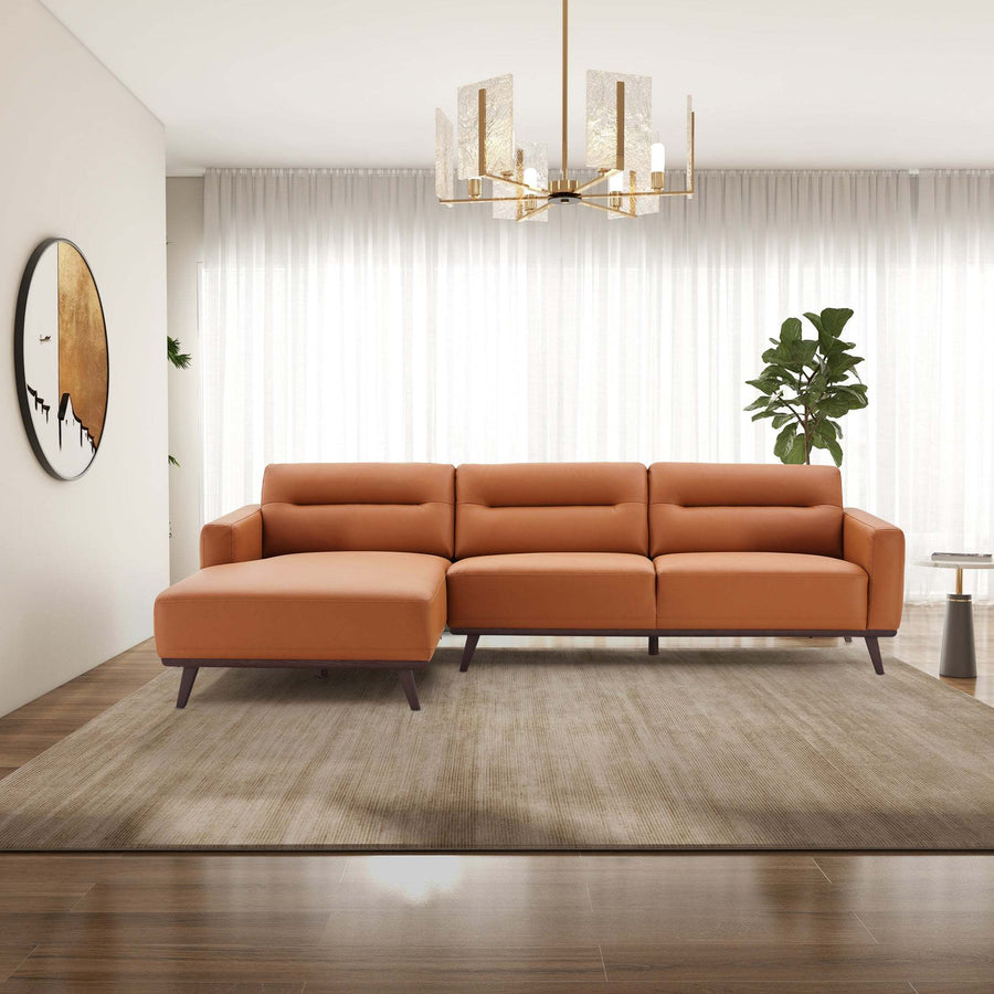 Ella Mid Century Modern L-Shaped Cognac PU Leather Left Sectional Couch with Solid Wood Frame - detail view 2