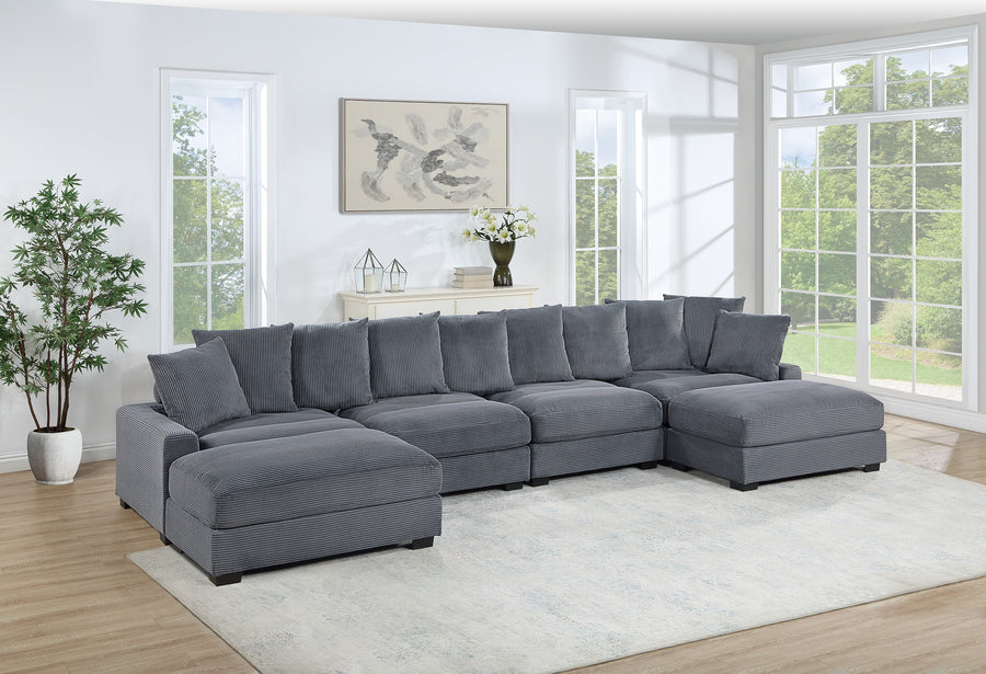 Contemporary Dark Gray 6pc Modular Sectional Set Corduroy Couch LAF & RAF Chairs 2x Armless Chairs 2x Ottomans Living Room Furniture - primary color shot