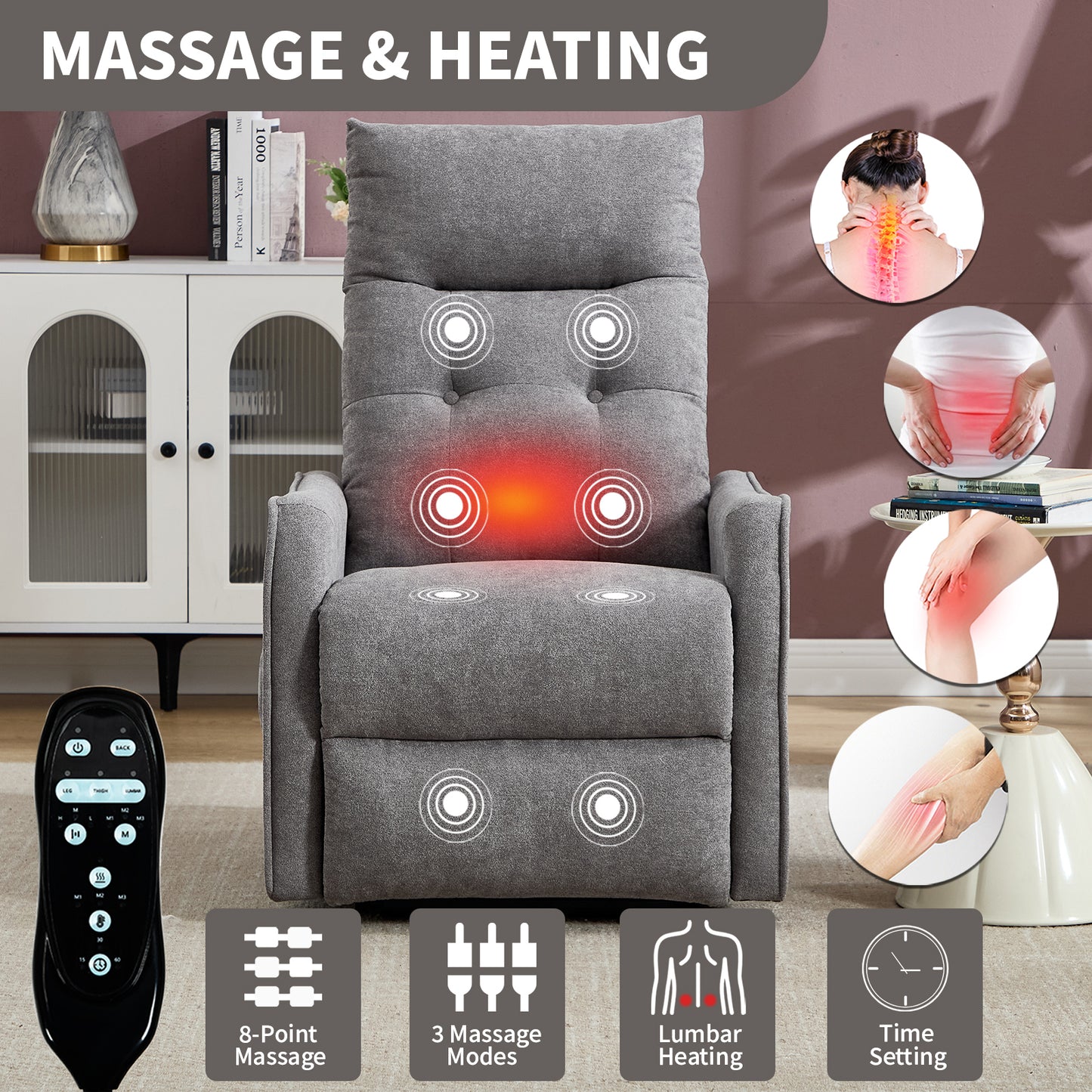 Light Grey Chenille Single Motor Power Lift Recliner Chair with Massage and Heat for Elderly - Light Gray - detail view 6