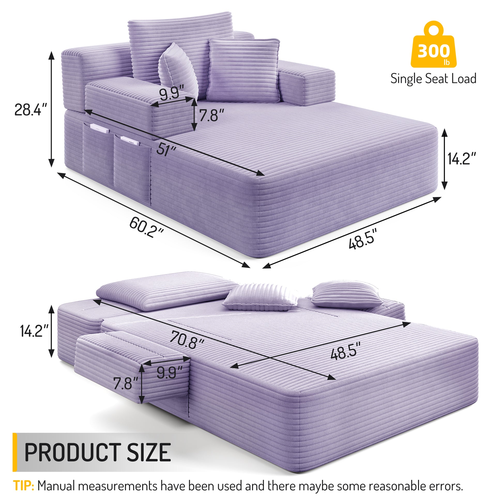 Luxurious Plush Corduroy Chaise Lounge with 3 Pillows - Purple - detail view 2